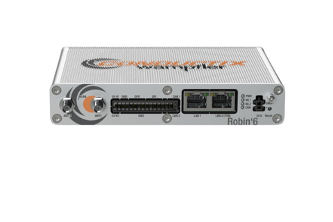 A silver electronic device labeled "Robin6" features various ports and connectors on its front panel.