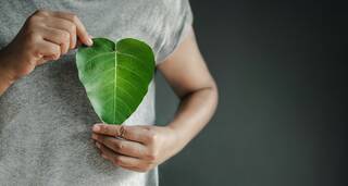 A person in a gray shirt holds a large, heart-shaped green leaf, symbolizing responsibility and new beginnings.