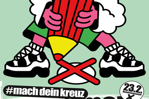 A colorful cartoon figure marks a red X with a large pencil, promoting participation in the 2025 Bundestag elections.
